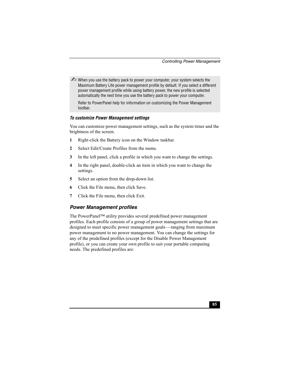 Power management profiles | Sony PCG-R505EC User Manual | Page 85 / 222