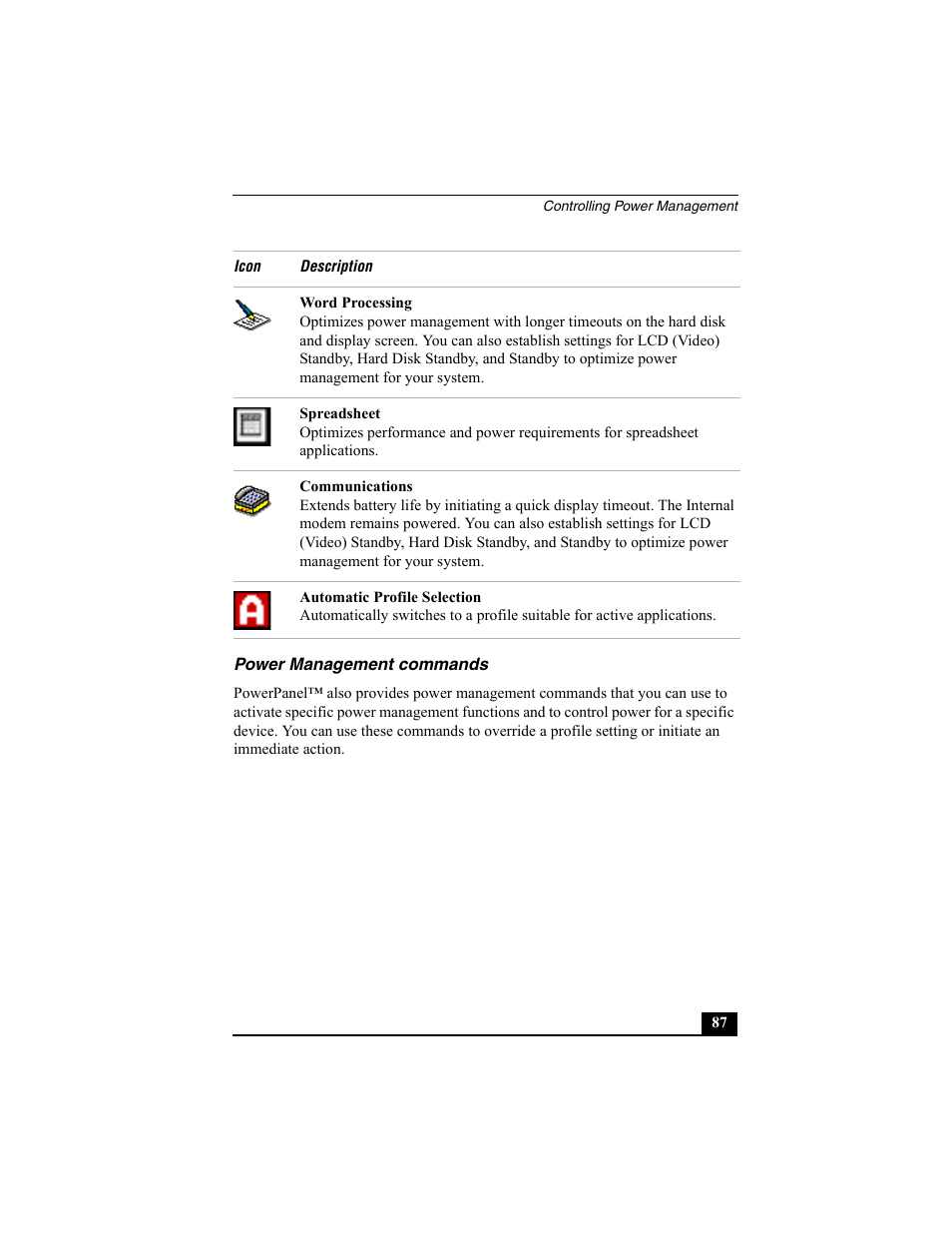 Power management commands | Sony PCG-R505EC User Manual | Page 87 / 222