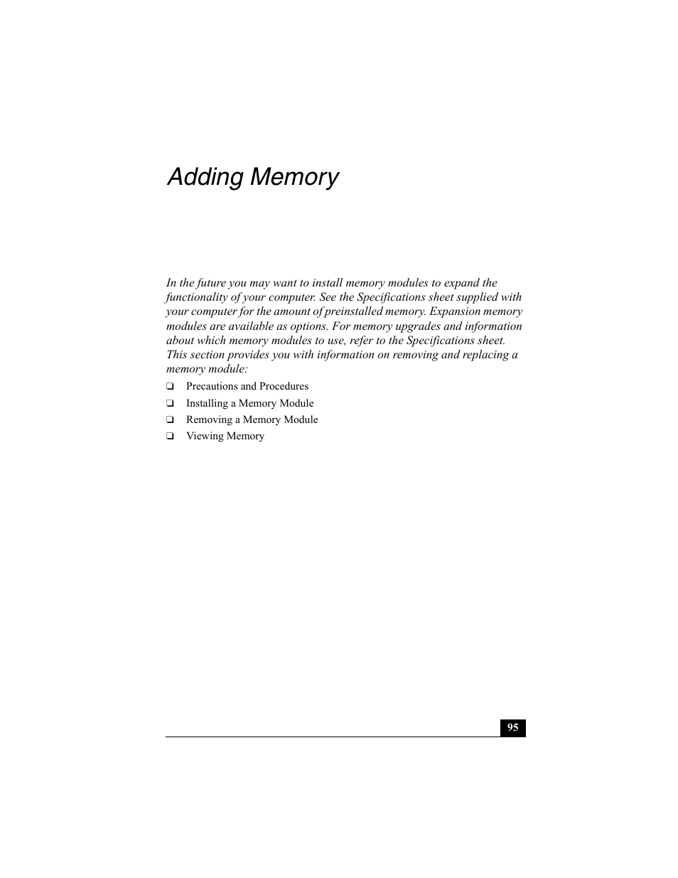 Adding memory | Sony PCG-R505EC User Manual | Page 95 / 222