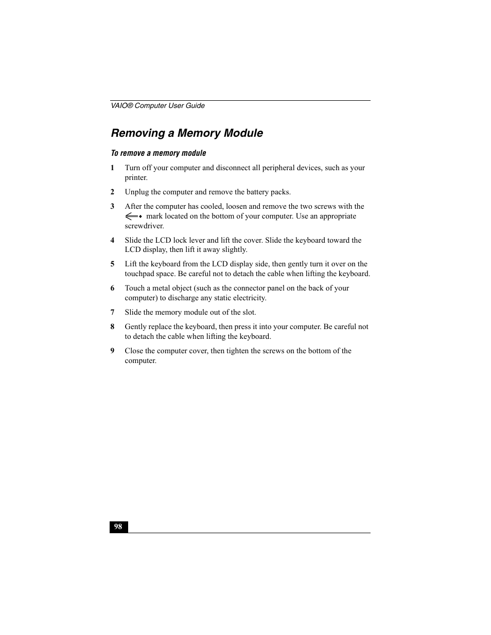 Removing a memory module | Sony PCG-R505EC User Manual | Page 98 / 222