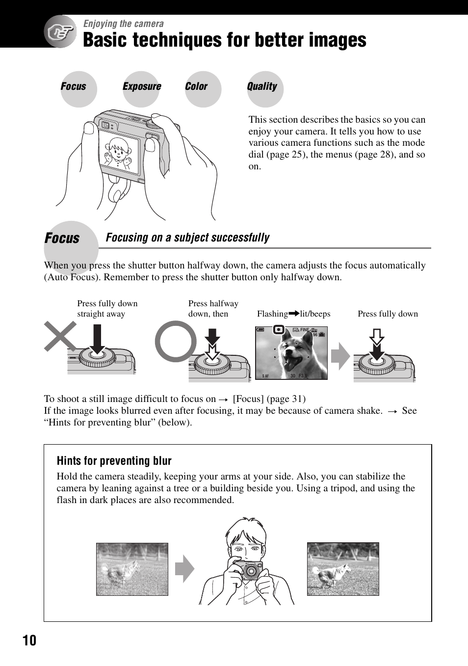 Enjoying the camera, Basic techniques for better images, Focus | Focusing on a subject successfully, Hints for preventing blur | Sony DSC-W7 User Manual | Page 10 / 99