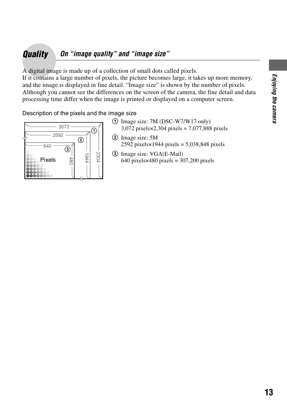 Quality, On “image quality” and “image size | Sony DSC-W7 User Manual | Page 13 / 99