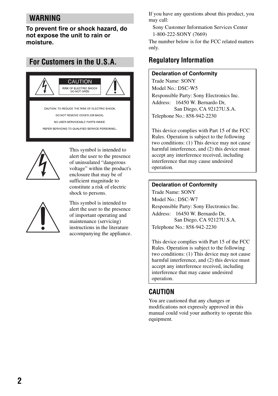 Warning for customers in the u.s.a | Sony DSC-W7 User Manual | Page 2 / 99