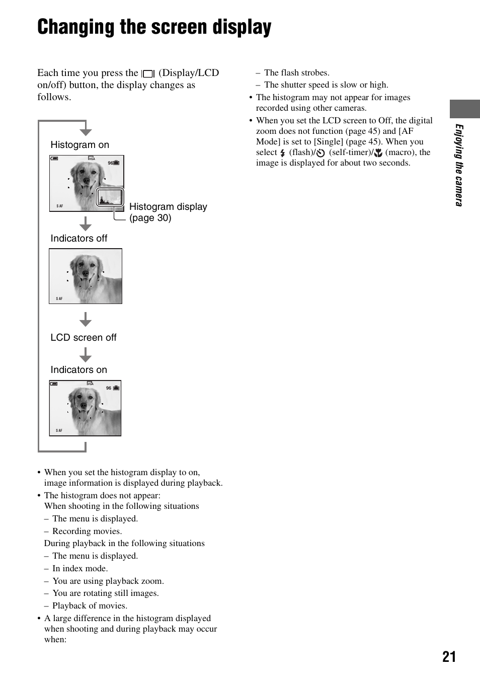 Changing the screen display | Sony DSC-W7 User Manual | Page 21 / 99