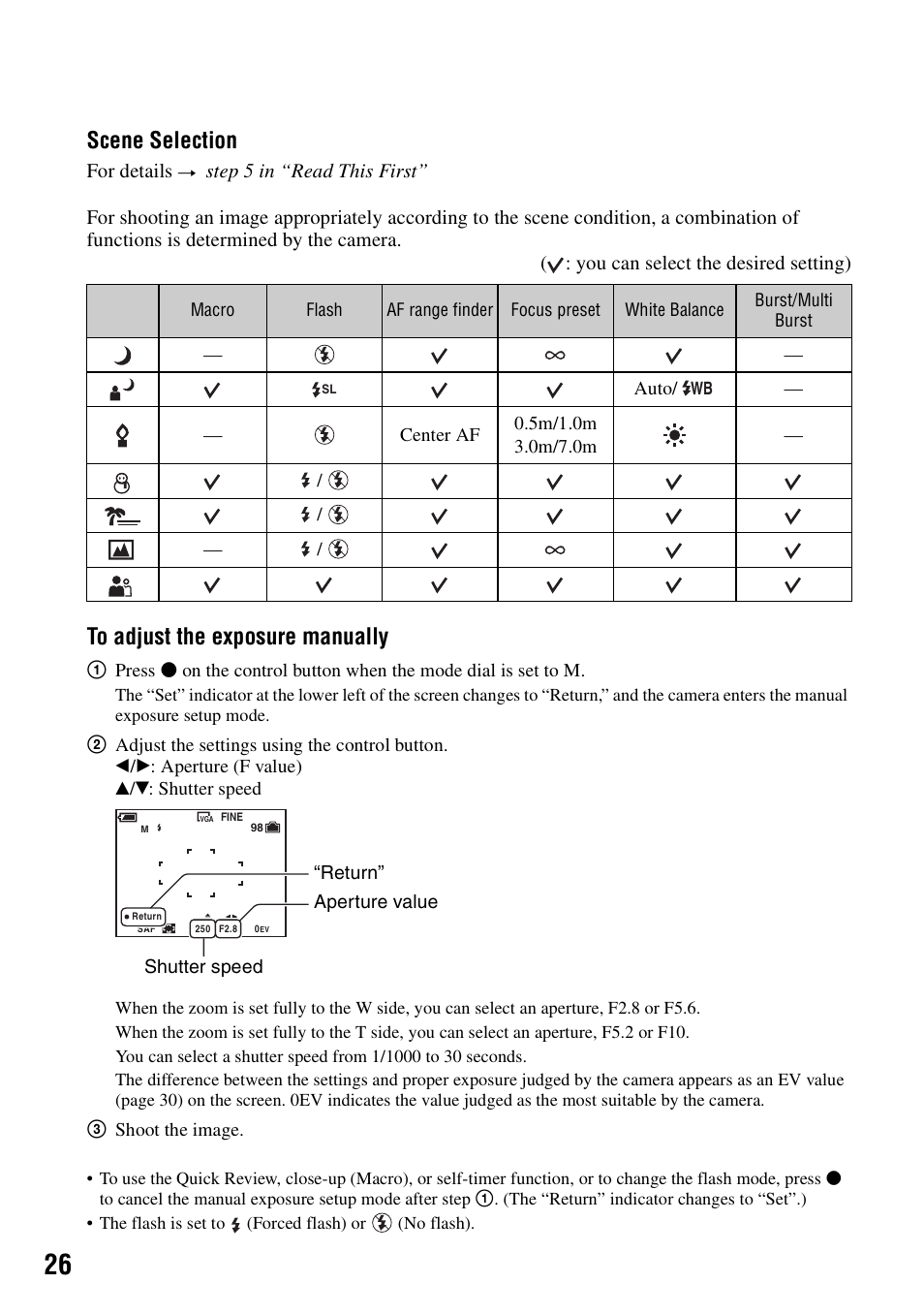 Scene selection | Sony DSC-W7 User Manual | Page 26 / 99