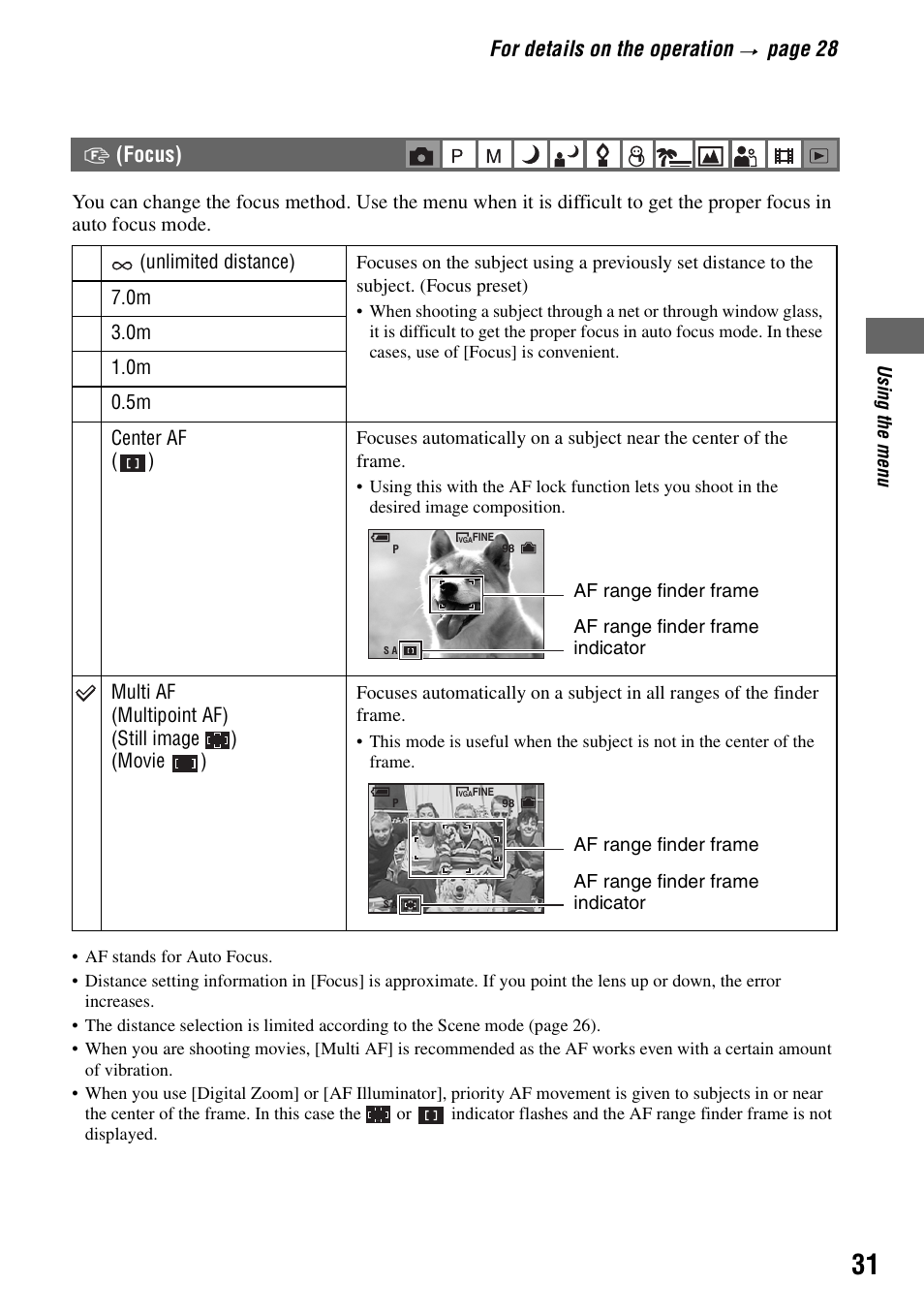 Focus), Ce (31), For details on the operation | Pa ge 28, 9(focus) | Sony DSC-W7 User Manual | Page 31 / 99