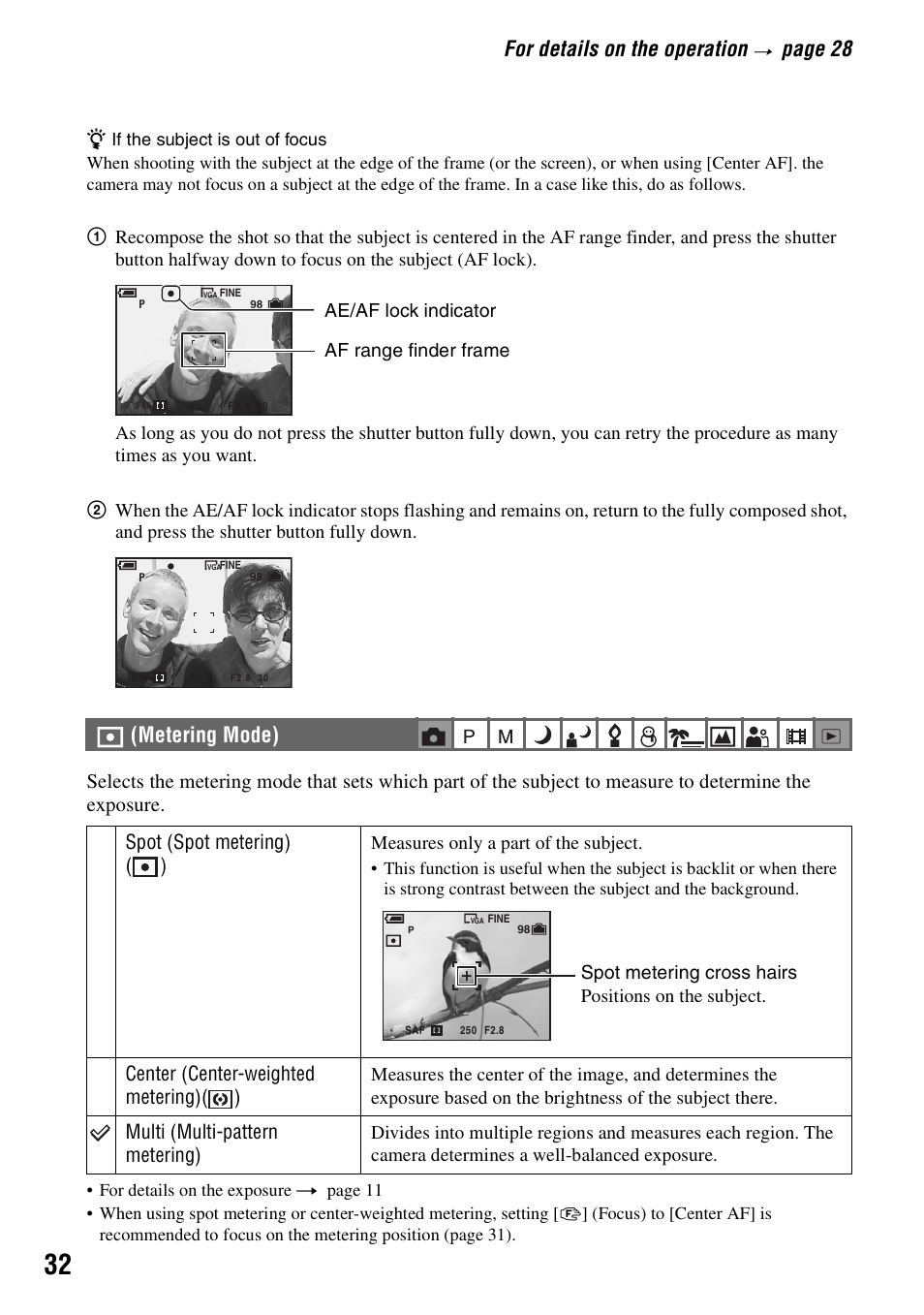 Metering mode), For details on the operation, Page 28 | Spot (spot metering) ( ), Center (center-weighted metering)( ), Multi (multi-pattern metering) | Sony DSC-W7 User Manual | Page 32 / 99