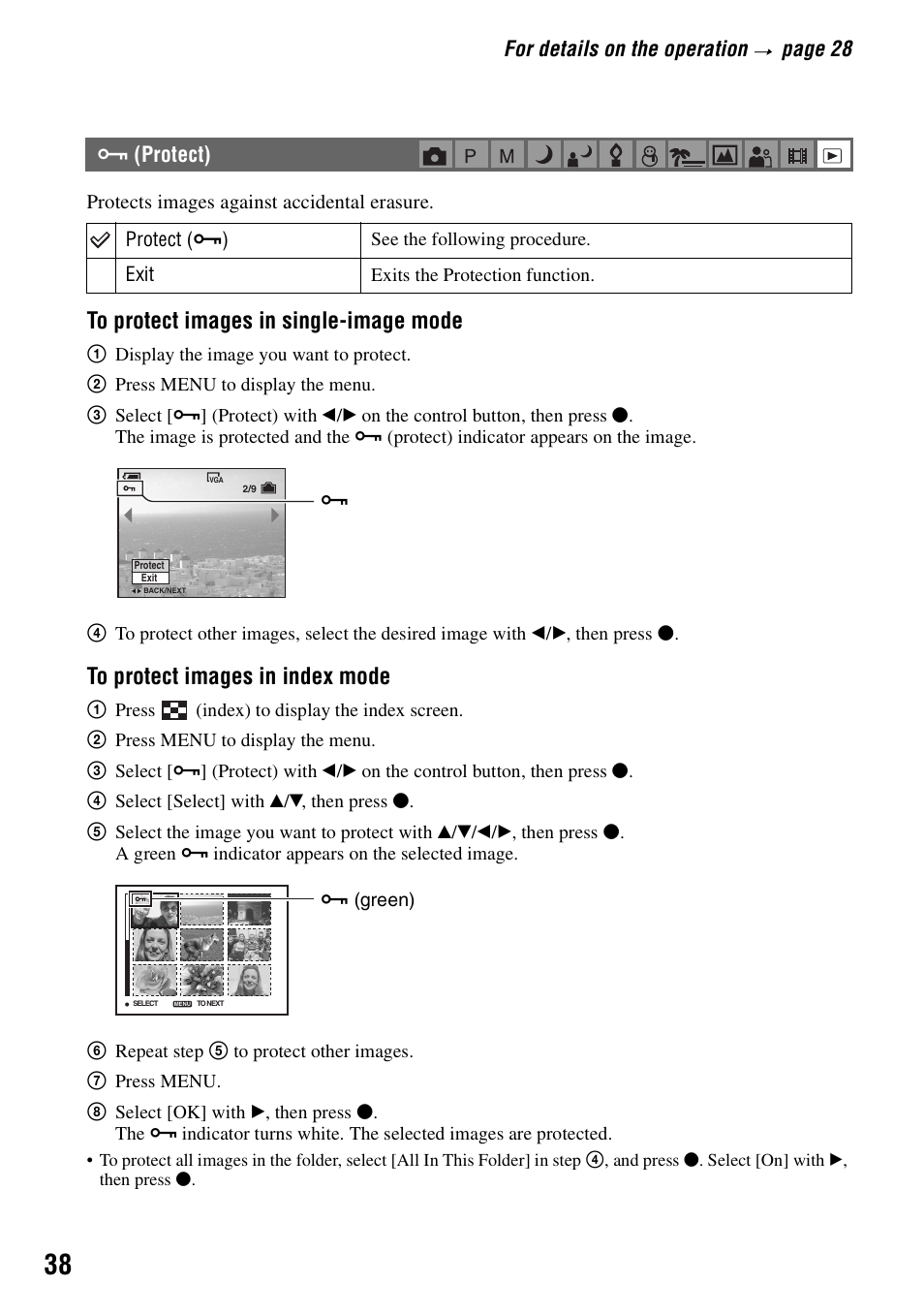 Protect), For details on the operation, Page 28 | Sony DSC-W7 User Manual | Page 38 / 99