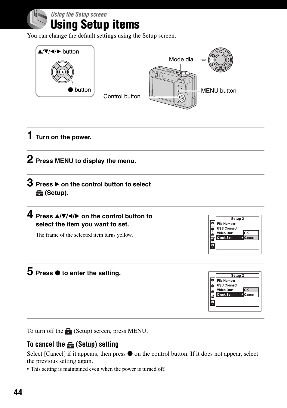 Using the setup screen, Using setup items | Sony DSC-W7 User Manual | Page 44 / 99