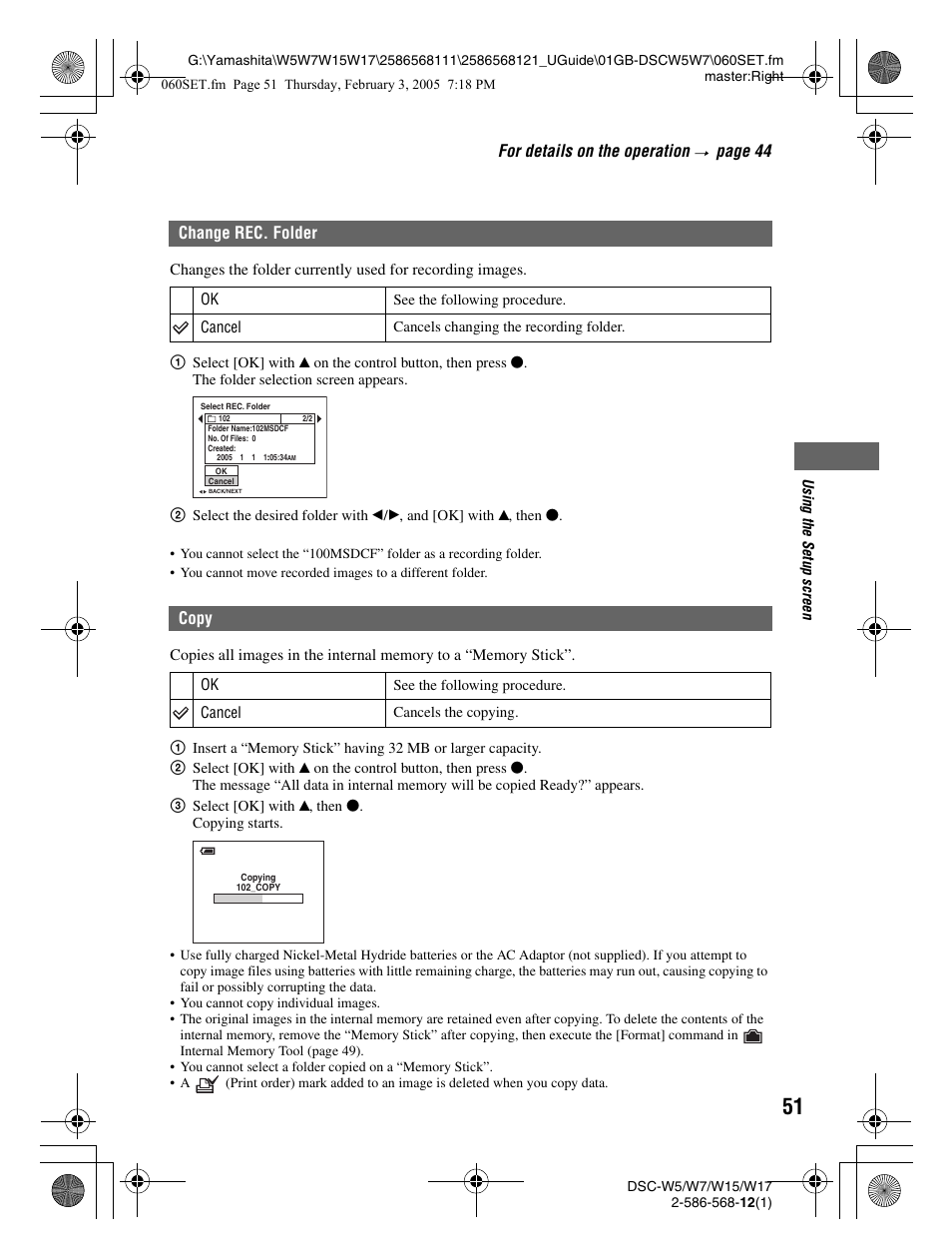Copy, For details on the operation, Page 44 | Change rec. folder | Sony DSC-W7 User Manual | Page 51 / 99
