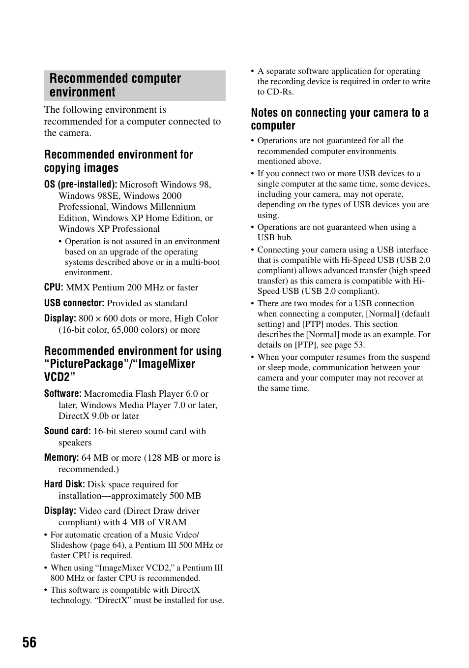 Recommended computer environment, Recommended environment for copying images | Sony DSC-W7 User Manual | Page 56 / 99