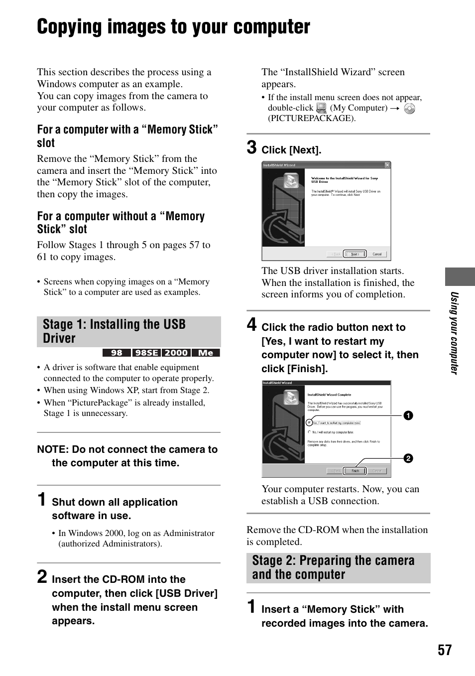Copying images to your computer | Sony DSC-W7 User Manual | Page 57 / 99