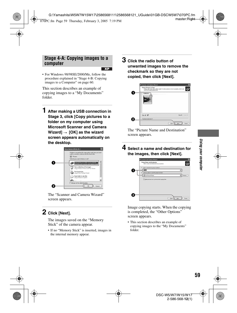 Stage 4-a: copying images to a computer | Sony DSC-W7 User Manual | Page 59 / 99