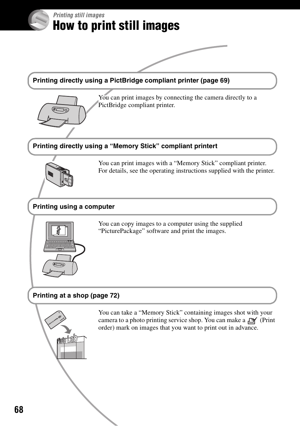 Printing still images, How to print still images | Sony DSC-W7 User Manual | Page 68 / 99