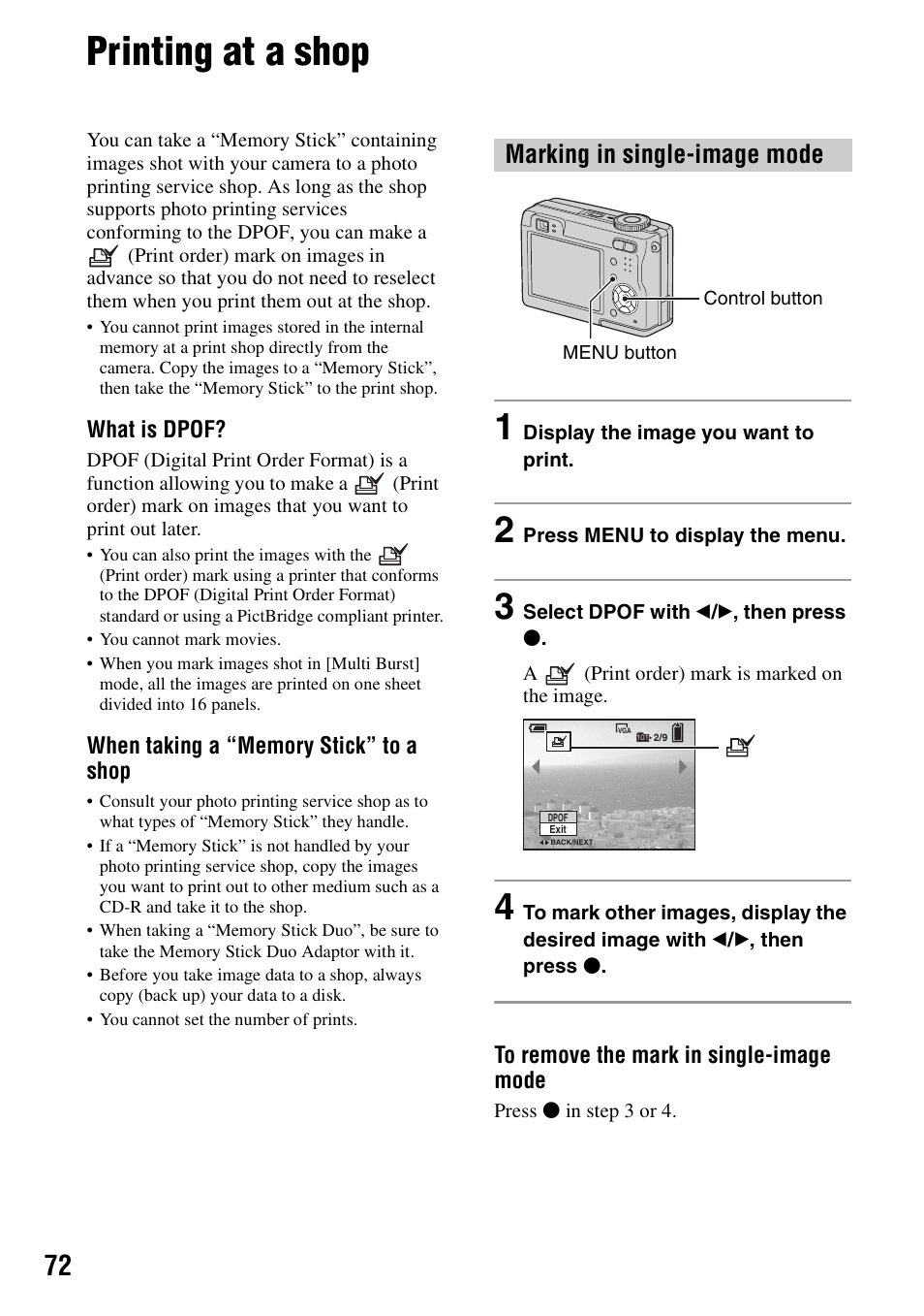 Printing at a shop, Marking in single-image mode | Sony DSC-W7 User Manual | Page 72 / 99