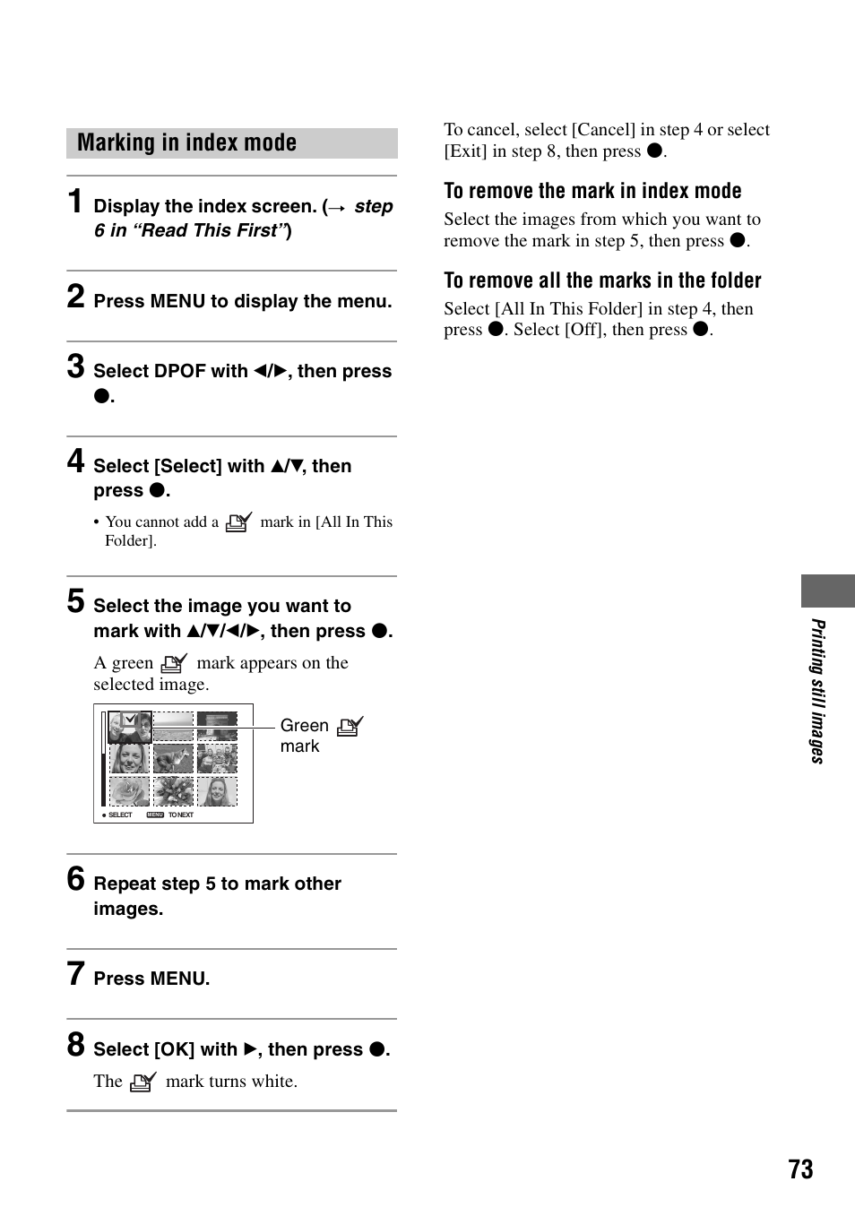 Marking in index mode | Sony DSC-W7 User Manual | Page 73 / 99