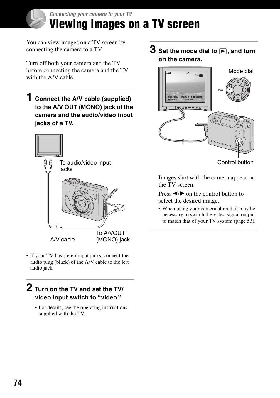 Connecting your camera to your tv, Viewing images on a tv screen | Sony DSC-W7 User Manual | Page 74 / 99