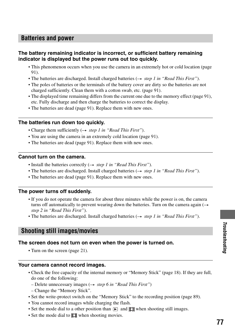 Batteries and power shooting still images/movies | Sony DSC-W7 User Manual | Page 77 / 99