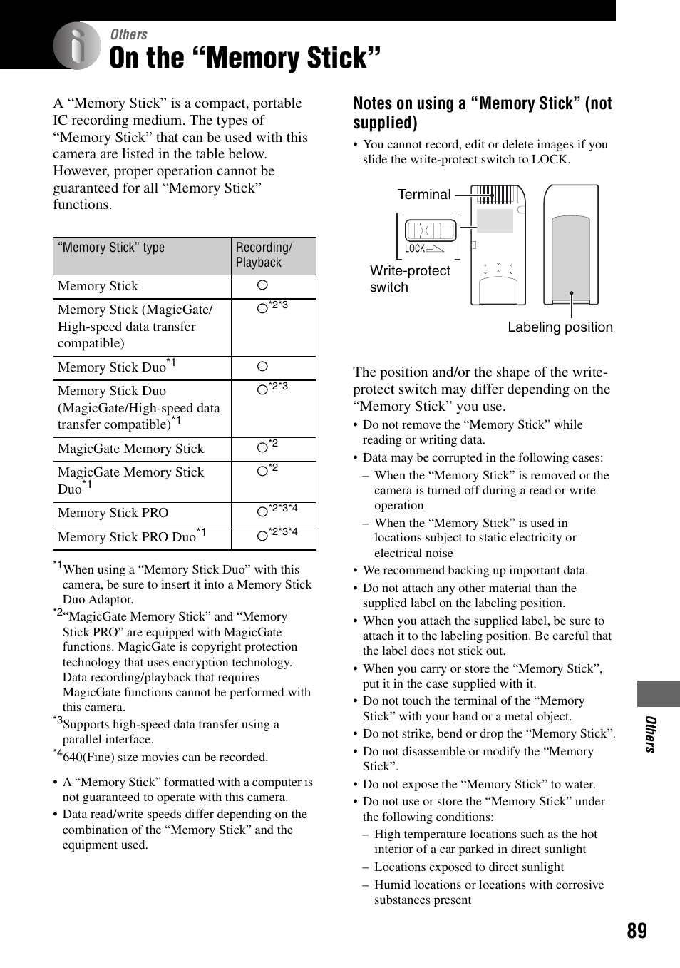 Others, On the “memory stick | Sony DSC-W7 User Manual | Page 89 / 99