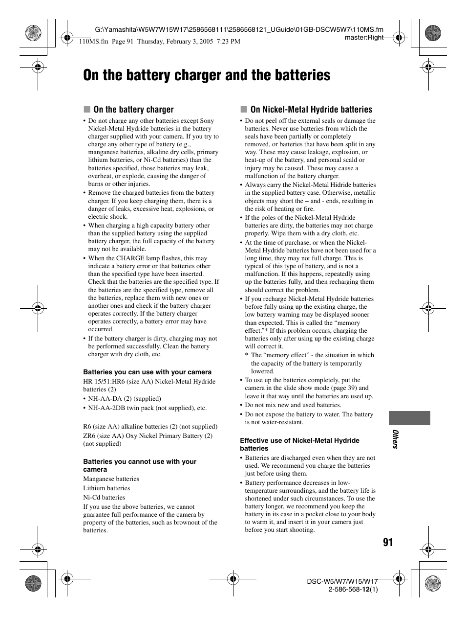 On the battery charger and the batteries, Xon the battery charger, Xon nickel-metal hydride batteries | Sony DSC-W7 User Manual | Page 91 / 99