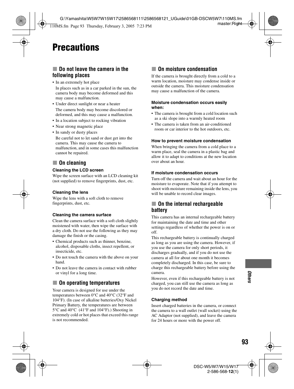 Precautions | Sony DSC-W7 User Manual | Page 93 / 99