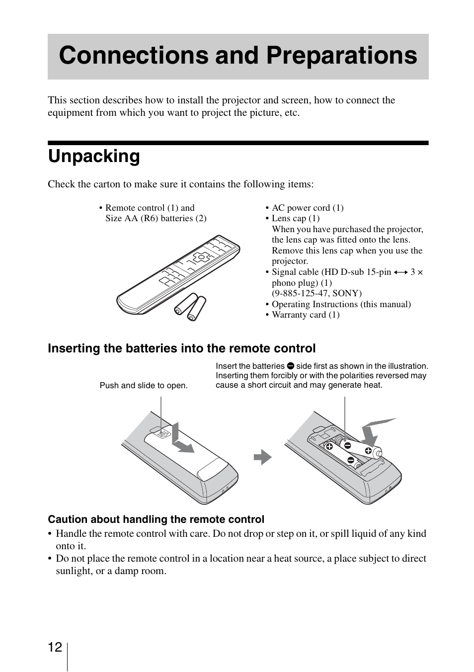 Connections and preparations, Unpacking | Sony VPL-BW7 User Manual | Page 12 / 64