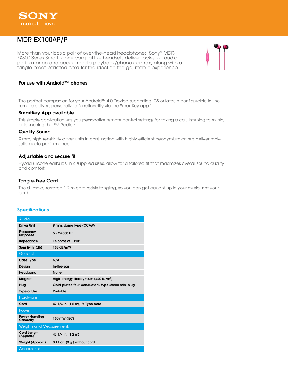 Sony MDR-EX100AP User Manual | 2 pages