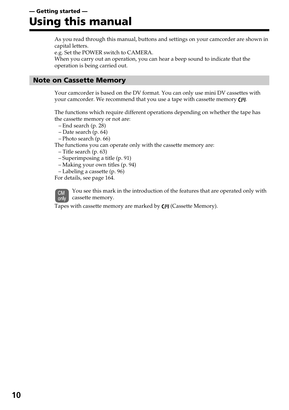 Using this manual | Sony DCR-TRV30 User Manual | Page 10 / 188