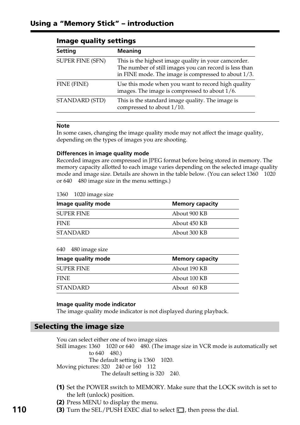 Selecting the image size | Sony DCR-TRV30 User Manual | Page 110 / 188