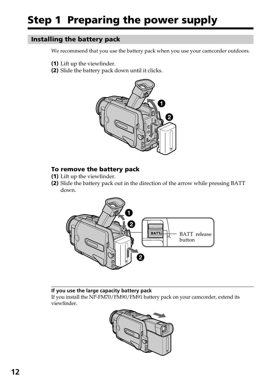Step 1 preparing the power supply | Sony DCR-TRV30 User Manual | Page 12 / 188