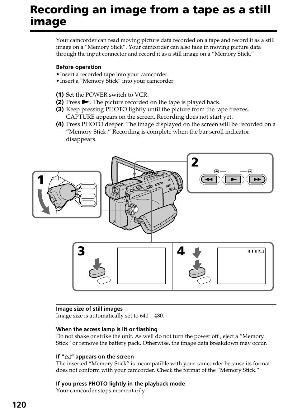 Recording an image from a tape as a still image | Sony DCR-TRV30 User Manual | Page 120 / 188