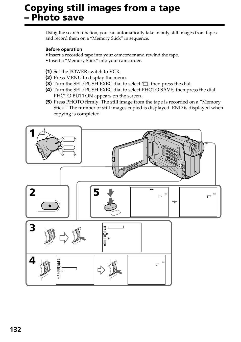 Copying still images from a tape – photo save, Menu | Sony DCR-TRV30 User Manual | Page 132 / 188