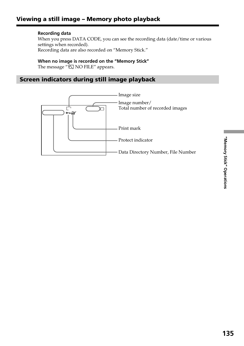 Screen indicators during still image playback | Sony DCR-TRV30 User Manual | Page 135 / 188
