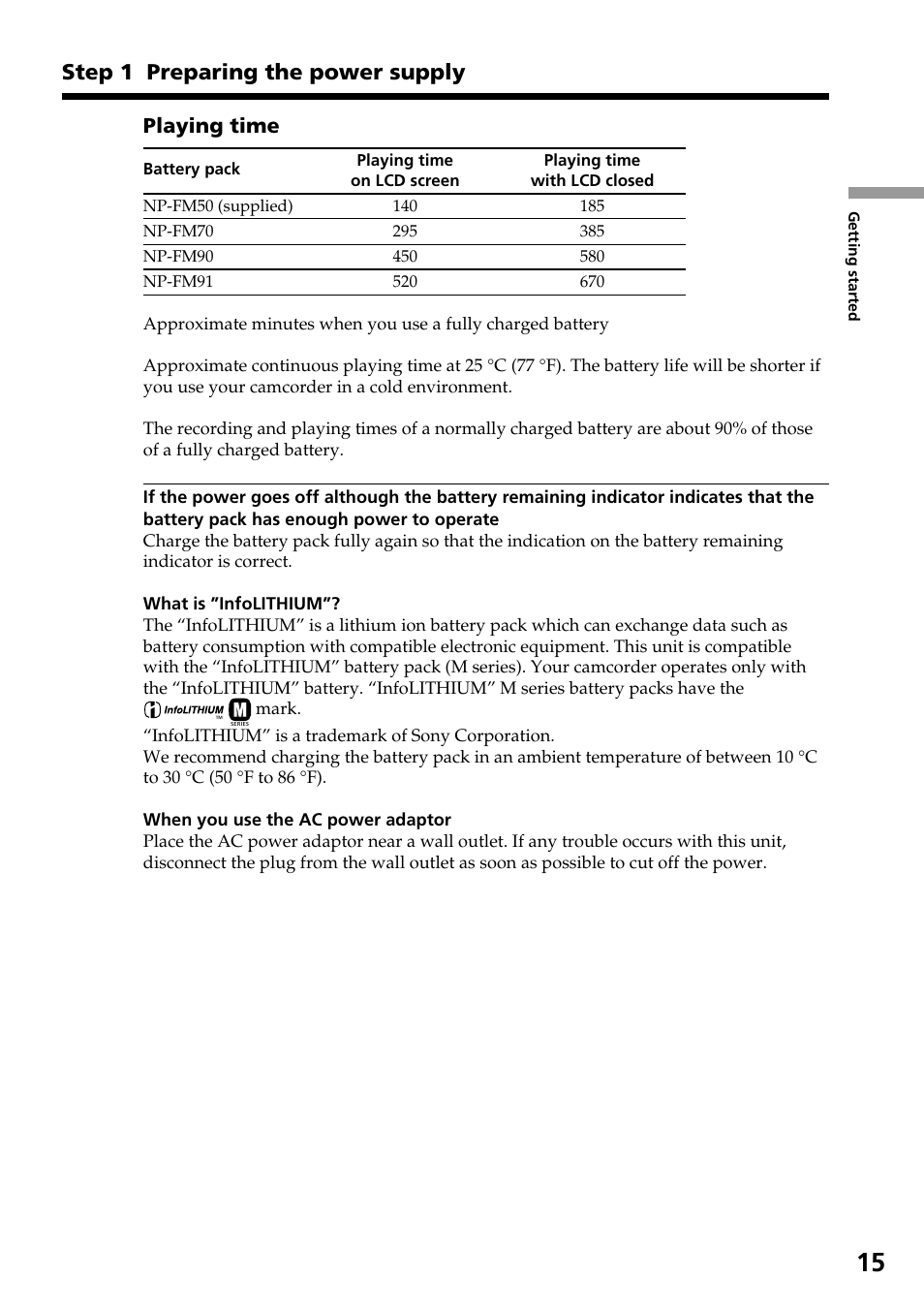 Step 1 preparing the power supply, Playing time | Sony DCR-TRV30 User Manual | Page 15 / 188