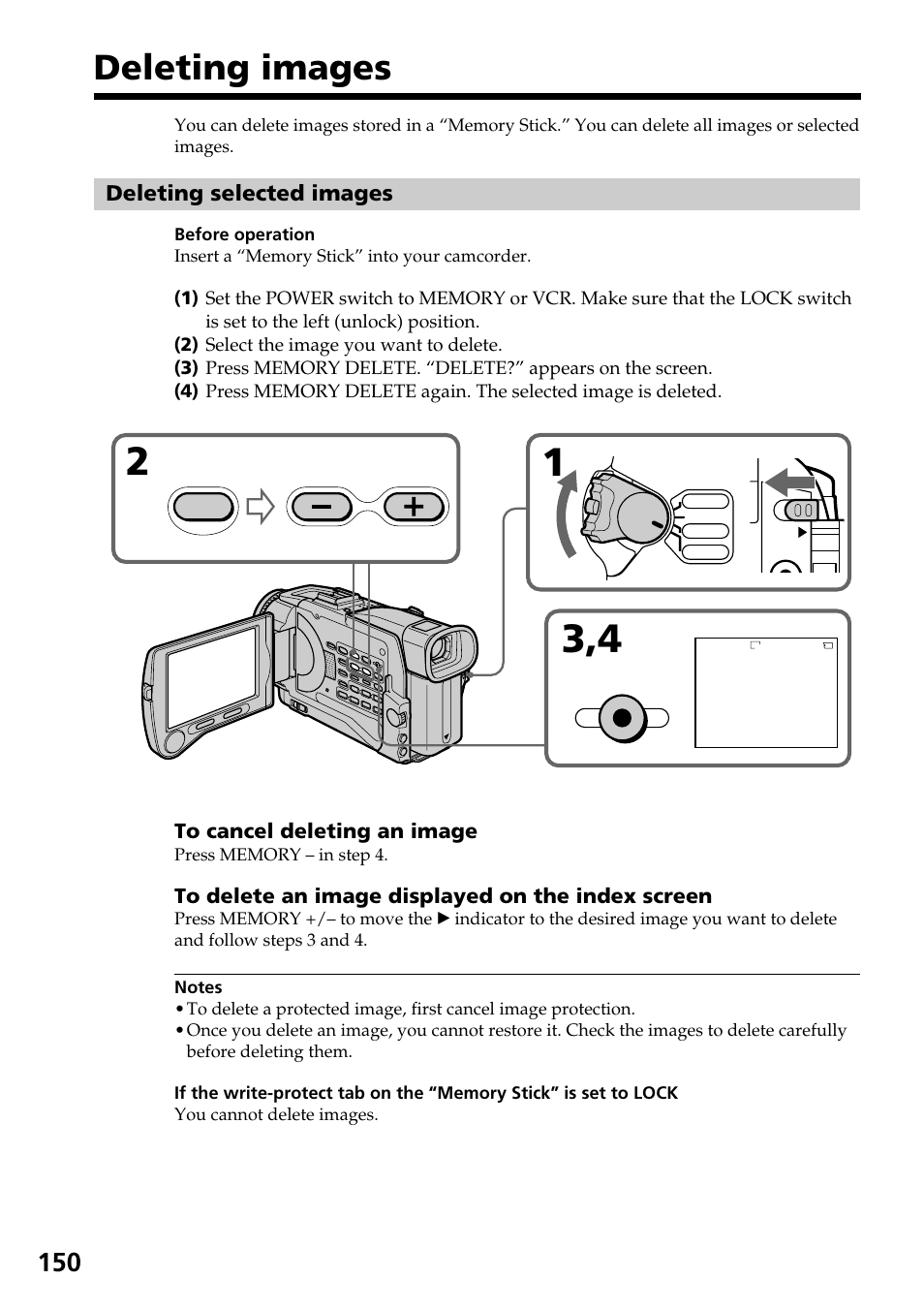 Deleting images, Delete | Sony DCR-TRV30 User Manual | Page 150 / 188