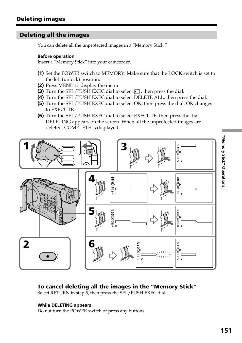 Deleting all the images, Deleting images, Menu | Sony DCR-TRV30 User Manual | Page 151 / 188