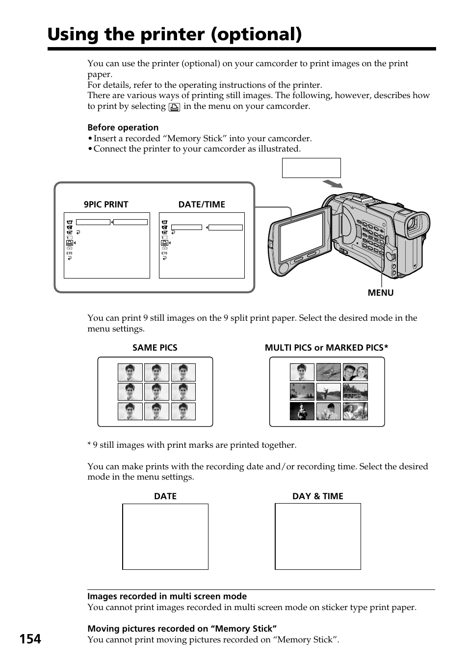 Using the printer (optional), Printer | Sony DCR-TRV30 User Manual | Page 154 / 188