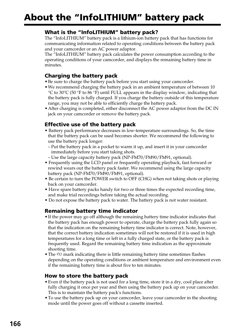 About the “infolithium” battery pack | Sony DCR-TRV30 User Manual | Page 166 / 188