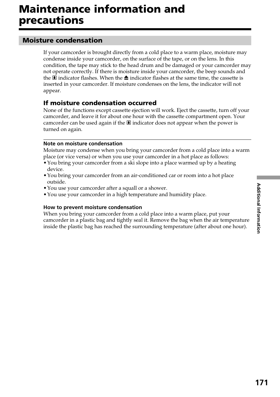 Maintenance information and precautions | Sony DCR-TRV30 User Manual | Page 171 / 188