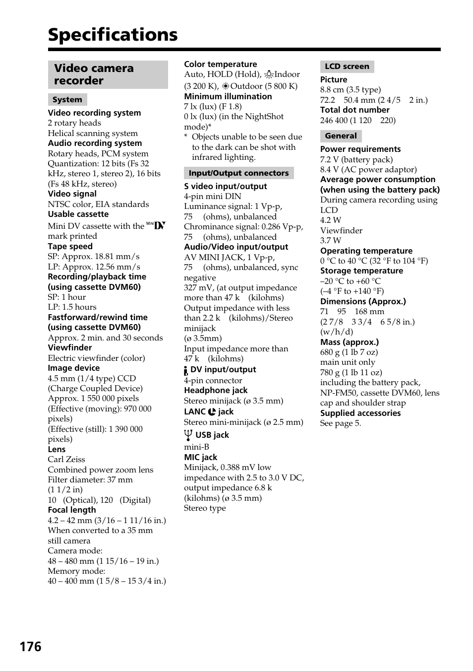 Specifications, Video camera recorder | Sony DCR-TRV30 User Manual | Page 176 / 188