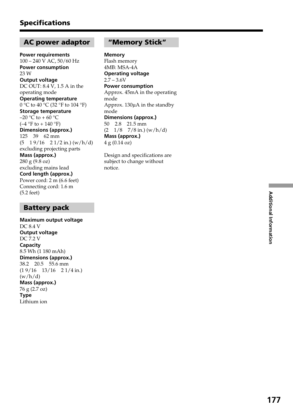 Specifications ac power adaptor, Battery pack | Sony DCR-TRV30 User Manual | Page 177 / 188