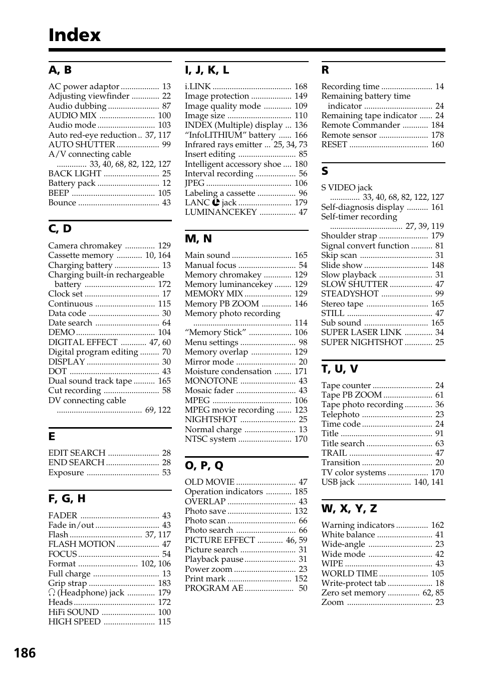 Index | Sony DCR-TRV30 User Manual | Page 186 / 188