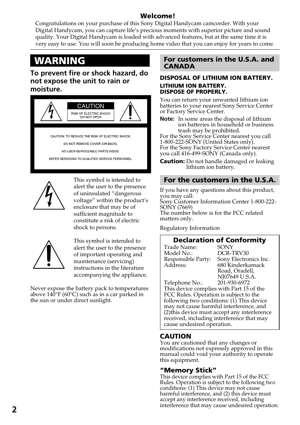 Warning | Sony DCR-TRV30 User Manual | Page 2 / 188