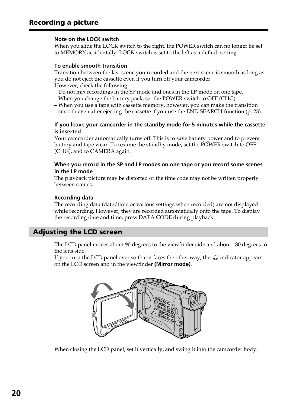 Adjusting the lcd screen, Recording a picture | Sony DCR-TRV30 User Manual | Page 20 / 188