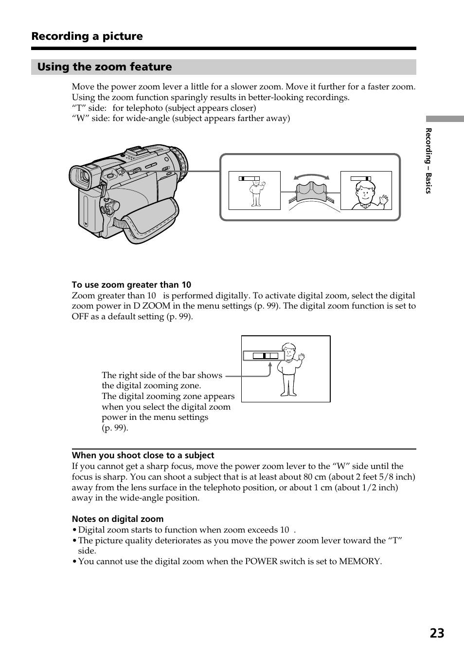 Using the zoom feature, Recording a picture | Sony DCR-TRV30 User Manual | Page 23 / 188