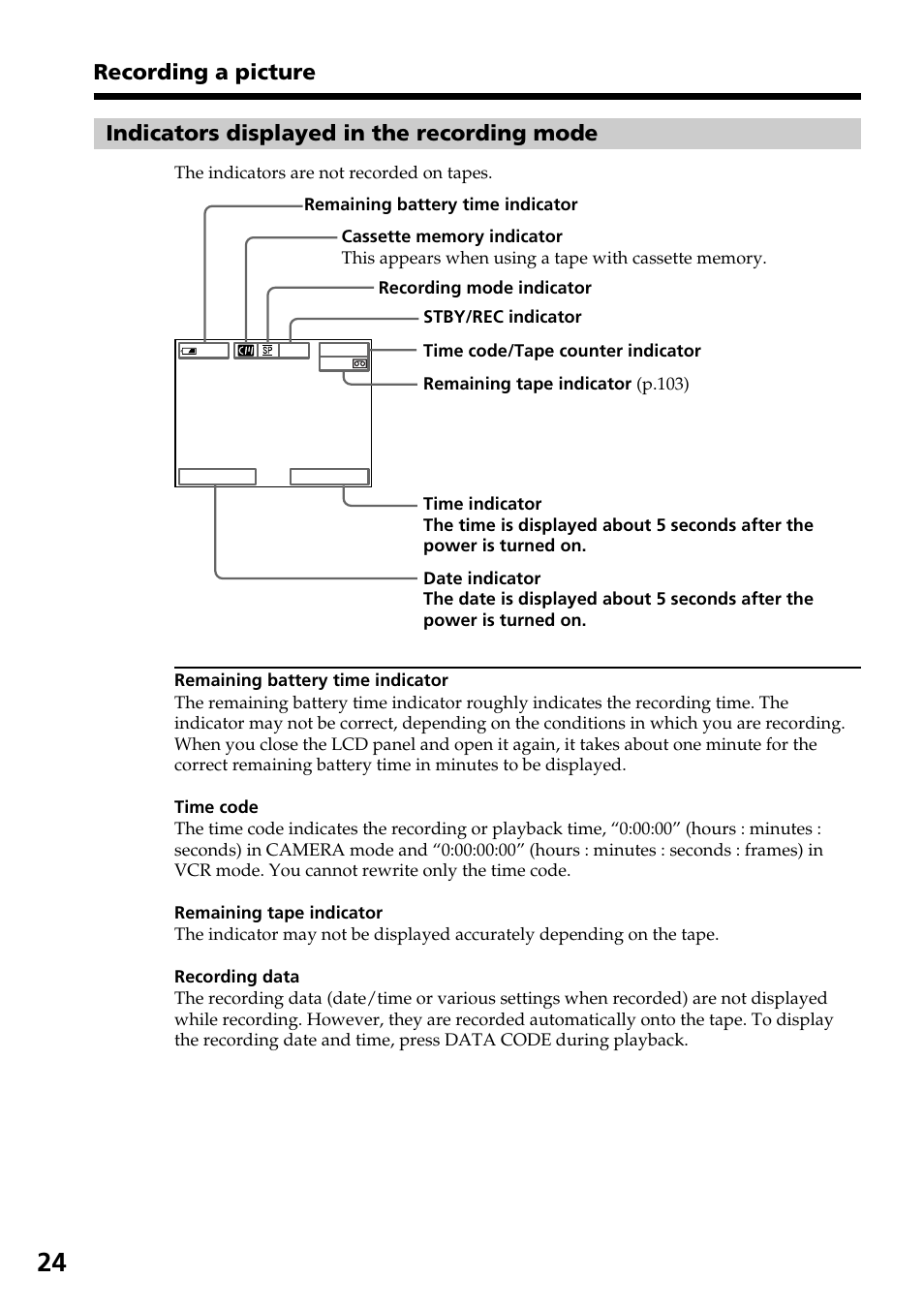 Indicators displayed in the recording mode, Recording a picture | Sony DCR-TRV30 User Manual | Page 24 / 188