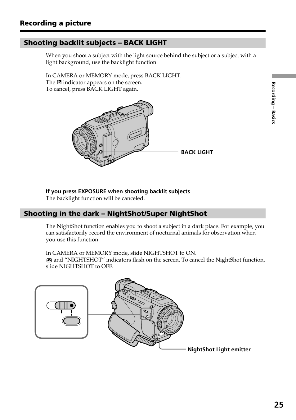 Shooting in the dark – nightshot/super nightshot | Sony DCR-TRV30 User Manual | Page 25 / 188