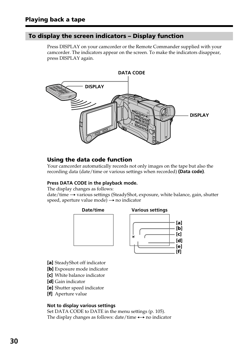 Playing back a tape | Sony DCR-TRV30 User Manual | Page 30 / 188