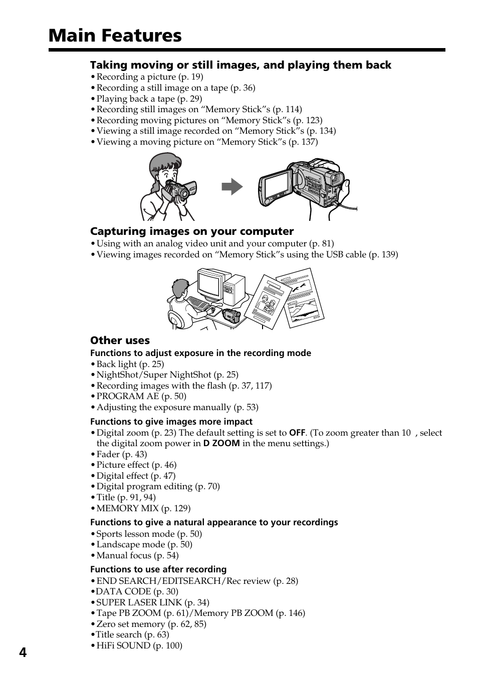 Main features | Sony DCR-TRV30 User Manual | Page 4 / 188