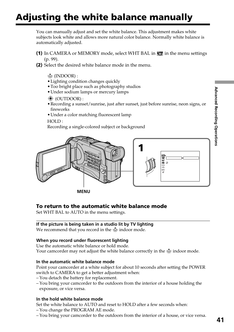 Adjusting the white balance manually | Sony DCR-TRV30 User Manual | Page 41 / 188